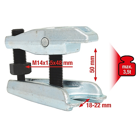 Ein Werkzeug zum Abziehen von Teilen, silberfarben. Es zeigt Maße und maximale Belastbarkeit.